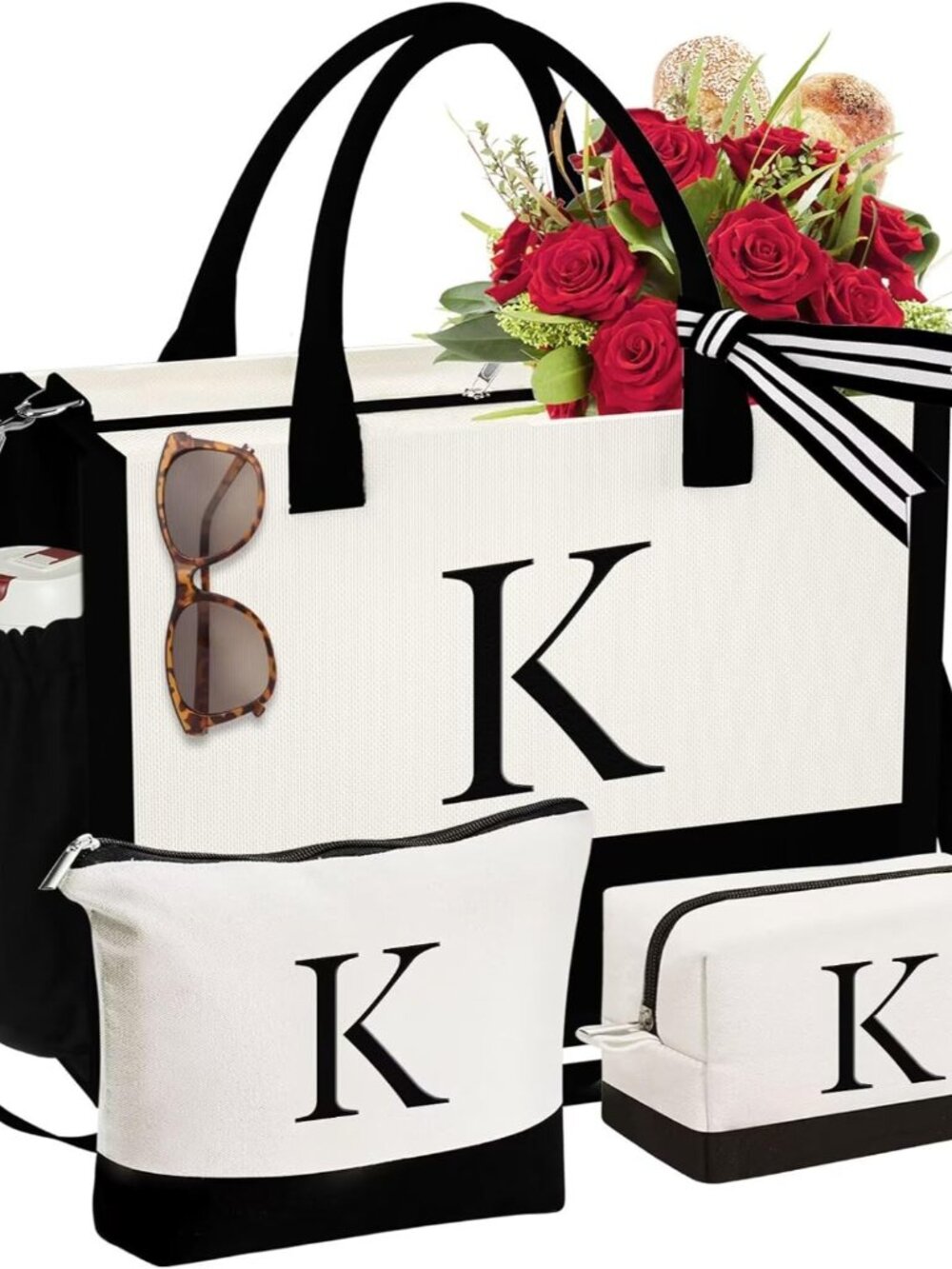 Gifts for Women - Initial Canvas Tote Bag & Makeup Bag, Birthday Gifts for Women